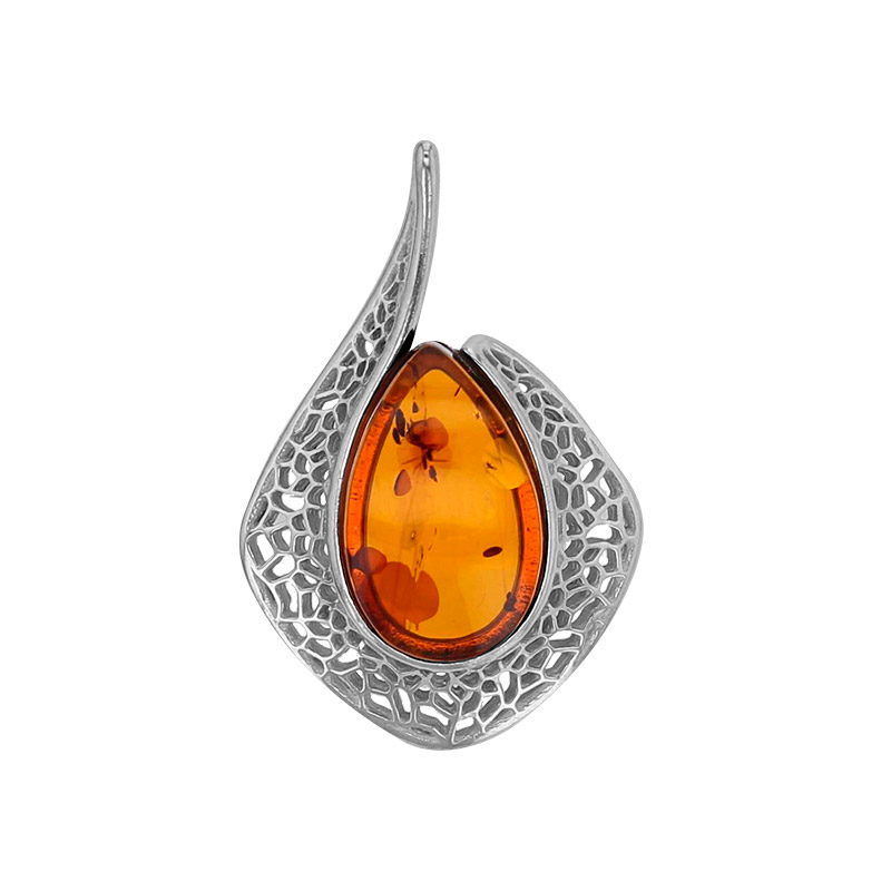 Pendentif motif ajouré, ambre cognac forme ovale en argent 925/1000 rhodié