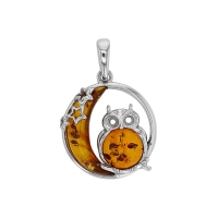 Pendentif motifs hibou et lune ambre cognac en argent 925/1000 rhodié