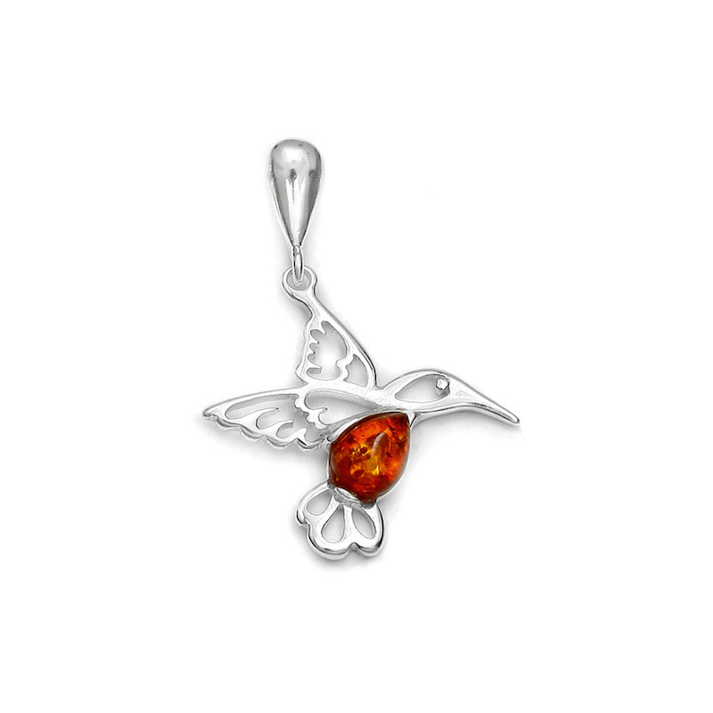 Pendentif oiseau avec pierre d'Ambre et en argent 925/1000 rhodié