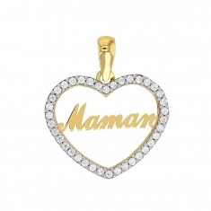 Pendentif Or 375/1000 serti d'oxydes de zirconium coeur évidé avec inscription Maman