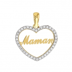 Pendentif Or 375/1000 serti d'oxydes de zirconium coeur évidé avec inscription Maman