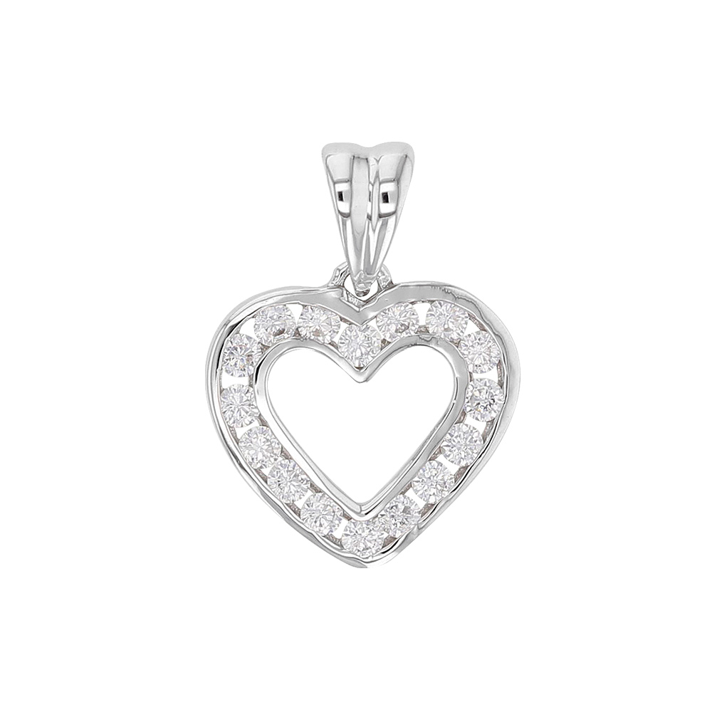 Pendentif Or blanc 750/1000 motif coeur avec 16 oxydes de zirconium (serti rail)