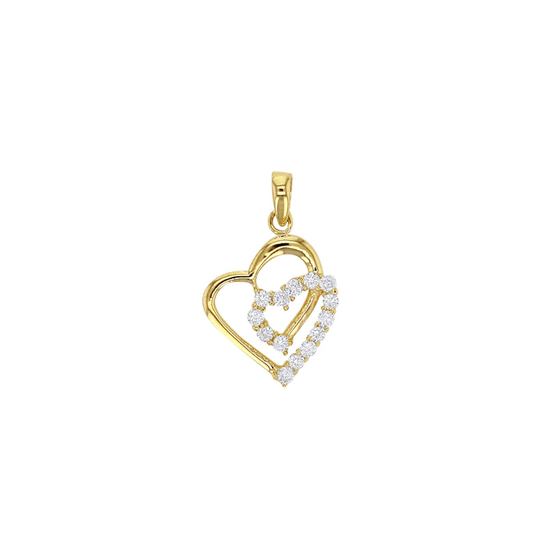 Pendentif Or 375/1000 double coeur avec oxydes de zirconium