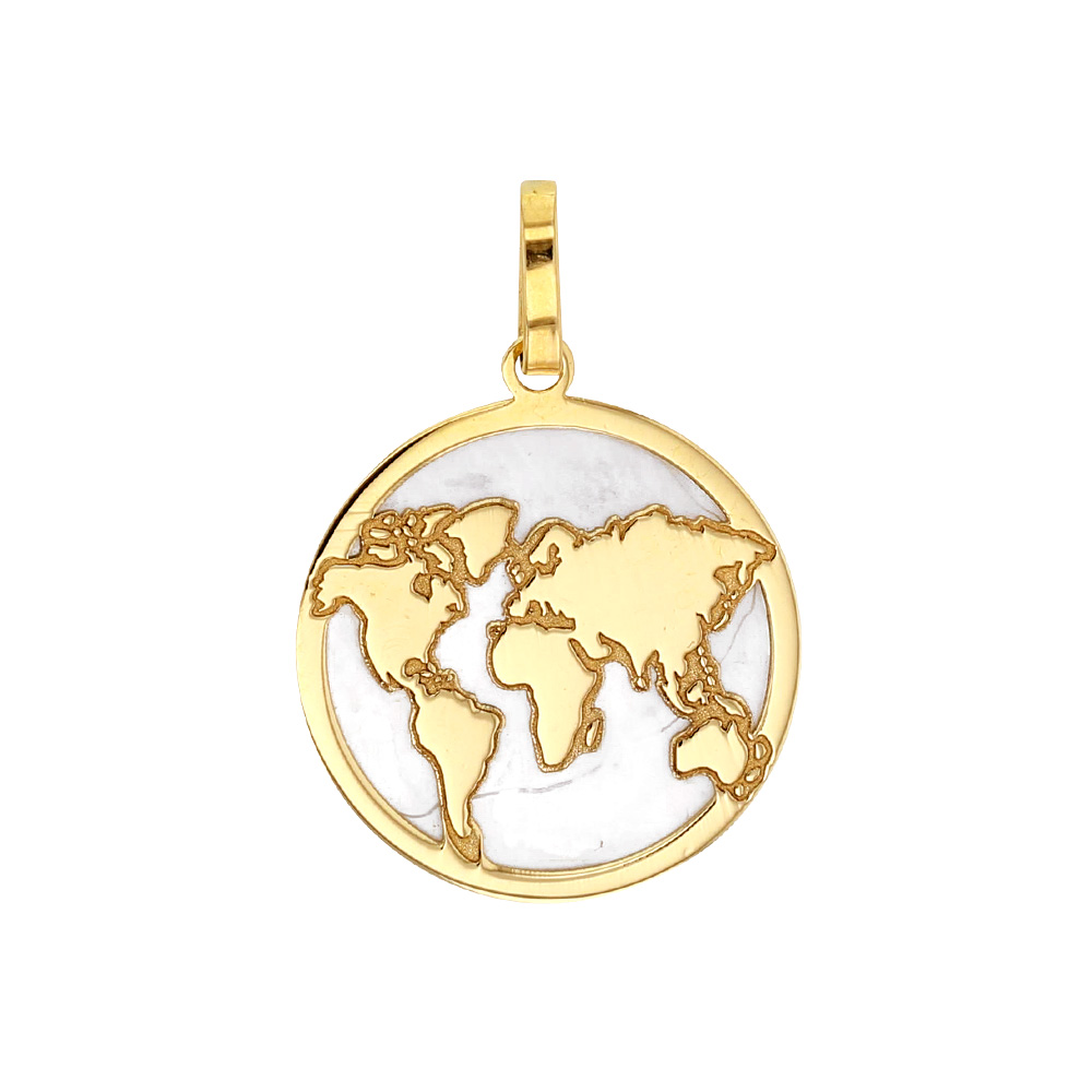 Pendentif Or 750/1000 et nacre rond avec carte du monde