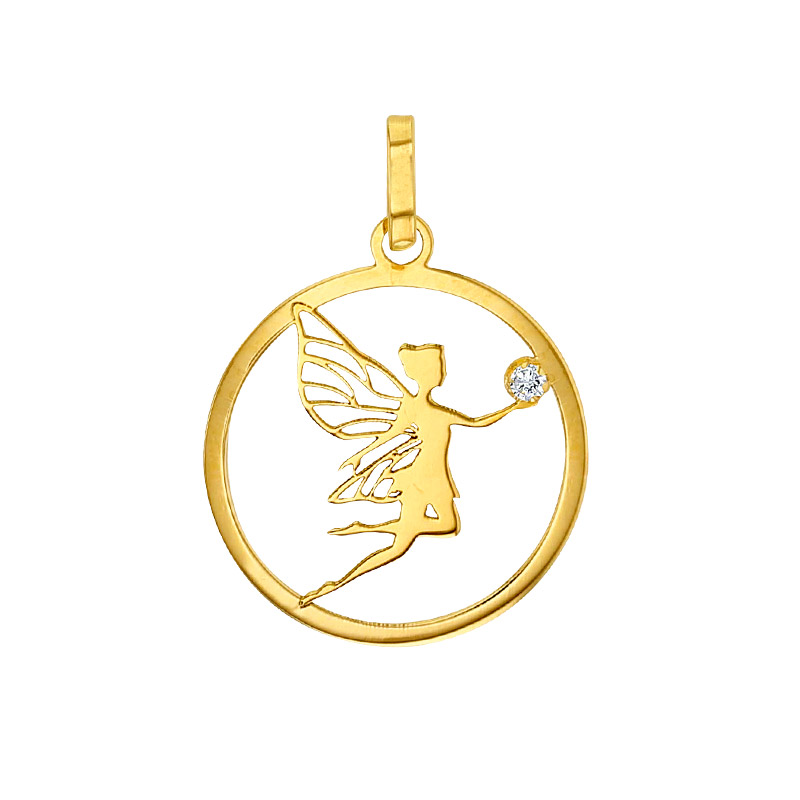 Pendentif Or 750/1000 rond avec petite fée avec oxyde de zirconium