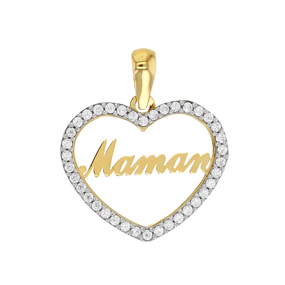 Pendentif Or 375/1000 serti d'oxydes de zirconium coeur évidé avec inscription Maman