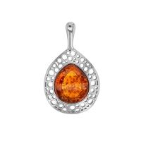 Pendentif ovale ajouré, ambre cognac en argent 925/1000 rhodié