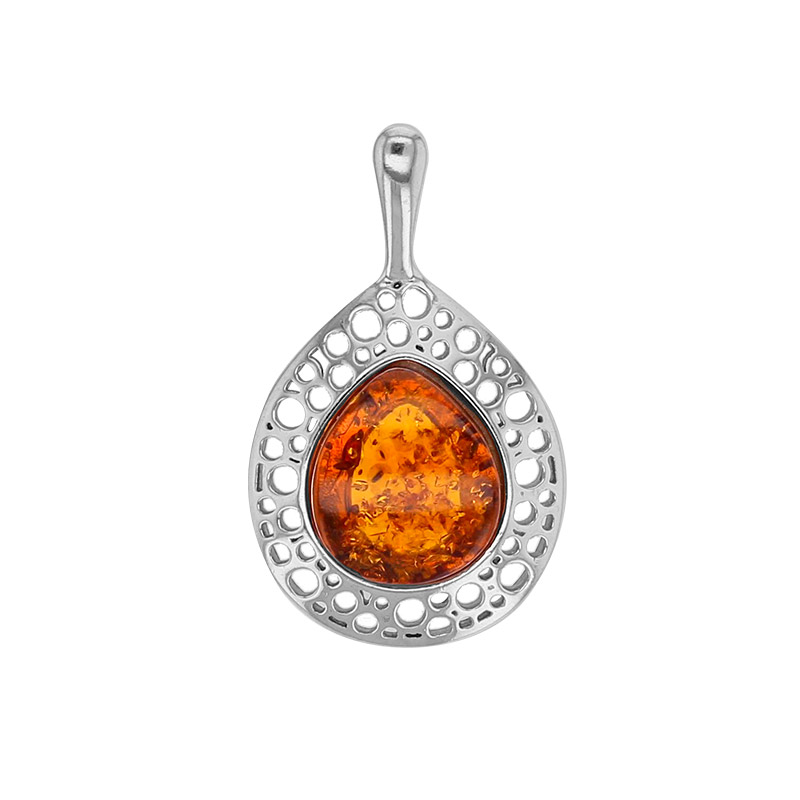 Pendentif ovale ajouré, ambre cognac en argent 925/1000 rhodié
