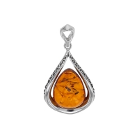 Pendentif ovale ambre cognac ajouré motif antique, argent 925/1000 vieilli