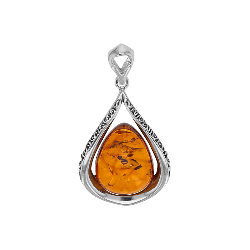 Pendentif ovale ambre cognac ajouré motif antique, argent 925/1000 vieilli