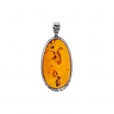 Pendentif ovale Ambre miel serti clos armature à motifs en argent 925/1000 rhodié