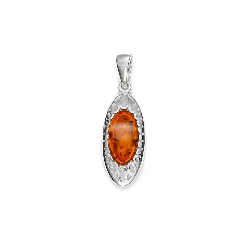 Pendentif ovale en Ambre et armature ajourée argent 925/1000 rhodié