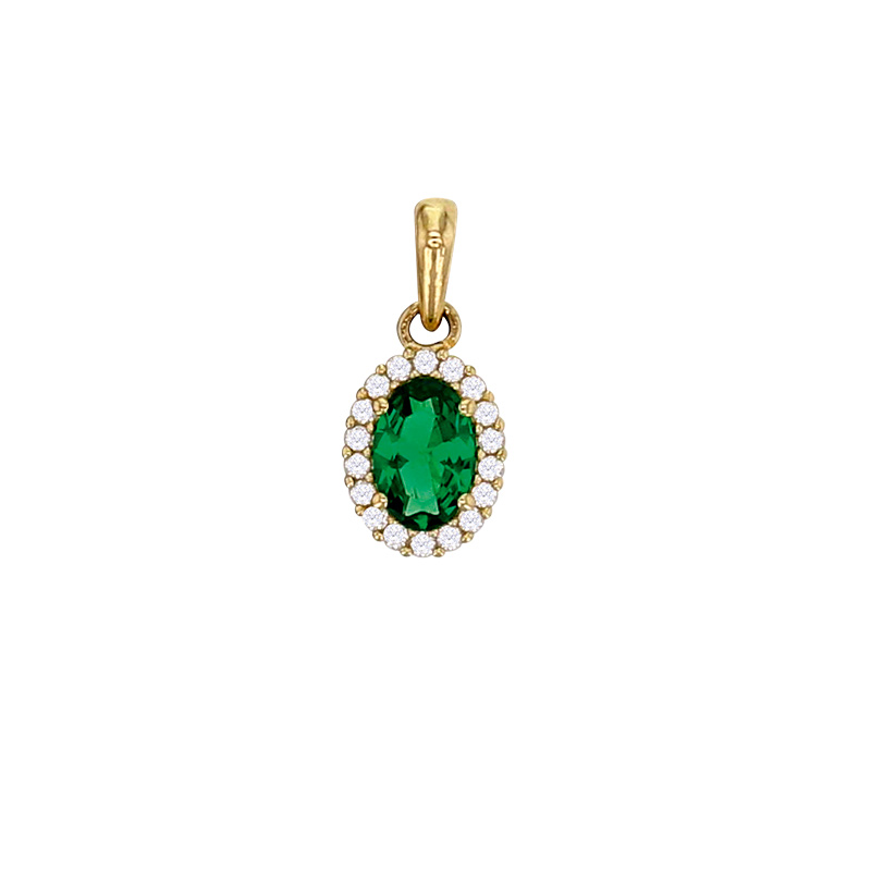 Pendentif ovale oxyde vert entouré d'oxydes blancs, Or 375/1000