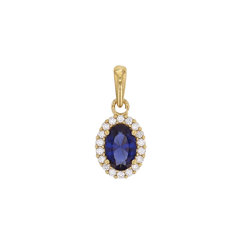 Pendentif oxyde rond bleu saphir entouré d'oxydes blancs, Or 750/1000