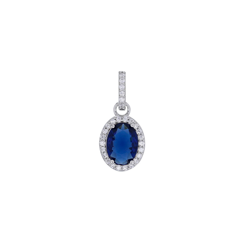 Pendentif oxyde taille ovale bleu saphir, oxydes blancs, argent 925/1000 rhodié