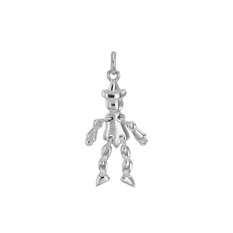 Pendentif pantin articulé avec chapeau pointu, argent 925/1000 platiné