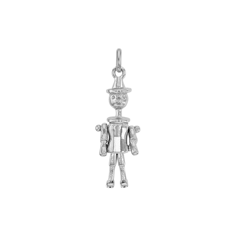 Pendentif pantin articulé avec visage, argent 925/1000 platiné