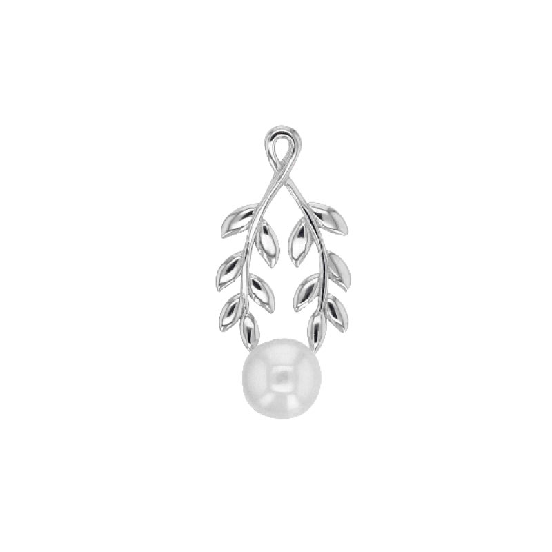 Pendentif perle d'eau douce de culture, feuilles de laurier en argent 925/1000 rhodié