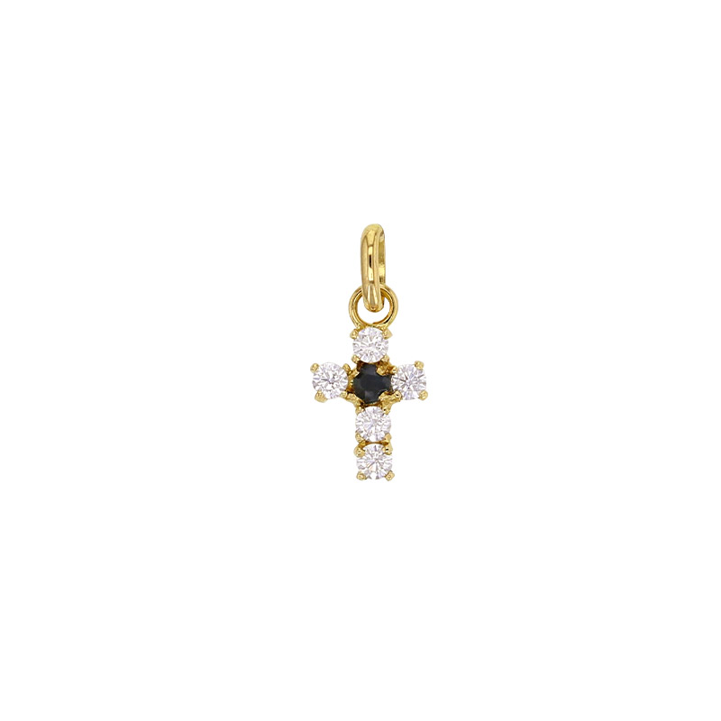 Pendentif petite croix orné d'oxydes et rubis Or 750/1000