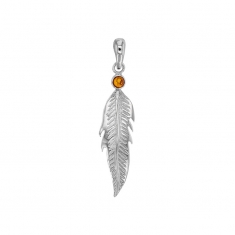 Pendentif plume argent 925/1000 rhodié et pierre Ambre miel