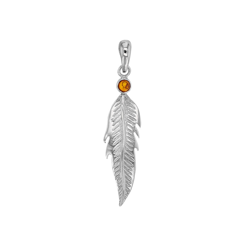 Pendentif plume argent 925/1000 rhodié et pierre Ambre miel