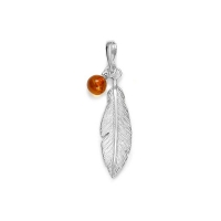 Pendentif plume en Argent 925/1000 rhodié et bille en ambre