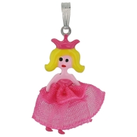 Pendentif princesse blonde en robe fuchsia en argent 925/1000 rhodié et émail