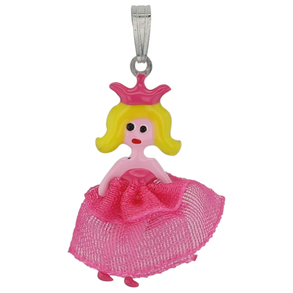 Pendentif princesse blonde en robe fuchsia en argent 925/1000 rhodié et émail