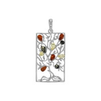 Pendentif rectangle arbre de vie ajouré ambre cognac, miel et gris argent 925/1000 rhodié