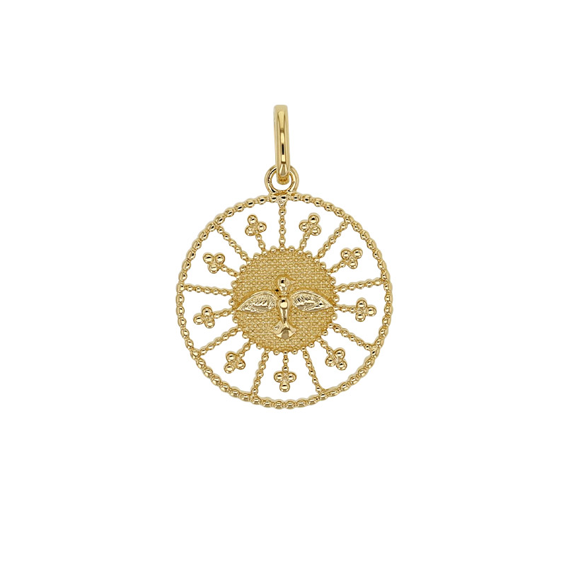 Pendentif rond ajouré et perlé, Colombe, plaqué or