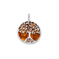 Pendentif rond ambre avec Arbre de vie en argent 925/1000 rhodié