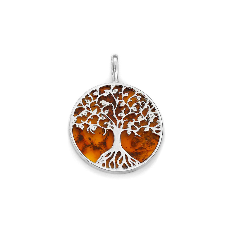 Pendentif rond ambre avec Arbre de vie en argent 925/1000 rhodié