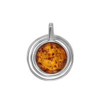 Pendentif rond Ambre cognac en argent 925/1000 rhodié