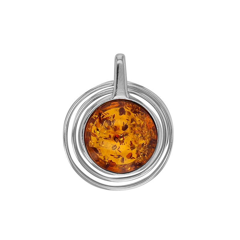 Pendentif rond Ambre cognac en argent 925/1000 rhodié
