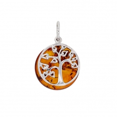 Pendentif rond ambre cognac et arbre de vie en argent 925/1000 rhodié