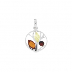 Pendentif rond ambre tricolore et argent 925/1000 rhodié