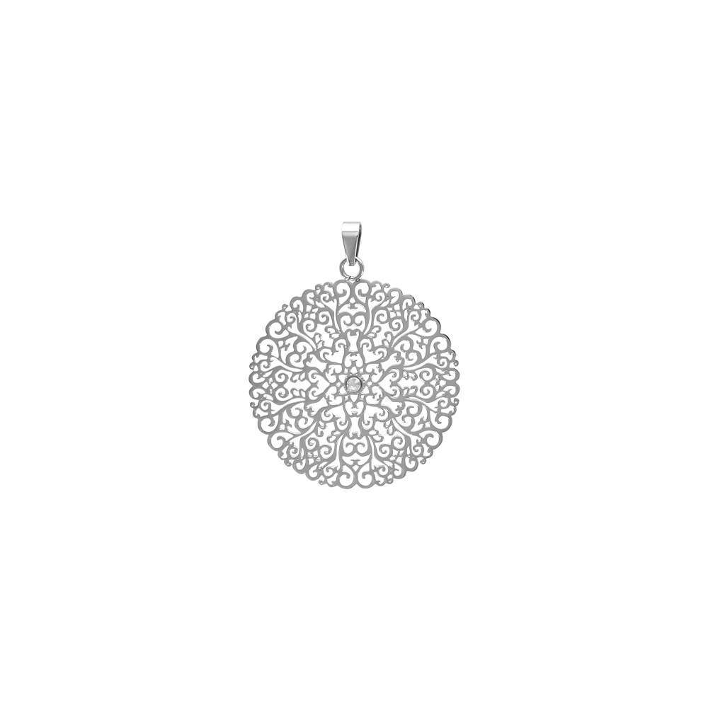 Pendentif rond arabesque en acier avec un cristal