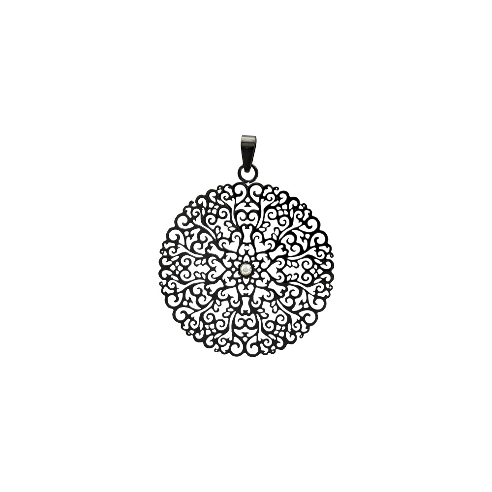 Pendentif rond arabesque en acier noir avec un cristal