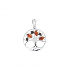 Pendentif rond arbre de vie ambre cognac et cerise dans une armature argent 925/1000 rhodié