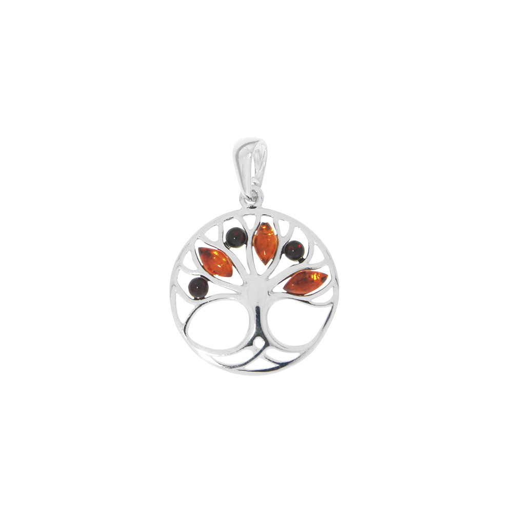 Pendentif rond arbre de vie ambre cognac et cerise dans une armature argent 925/1000 rhodié