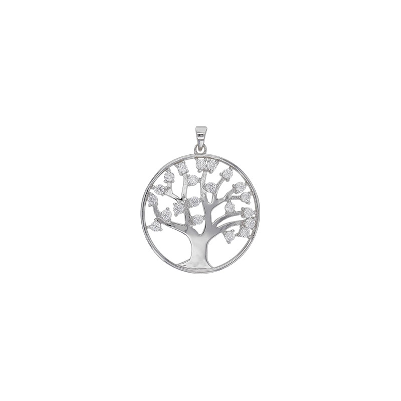 Pendentif rond Arbre de vie orné d'oxydes, argent 925/1000 rhodié