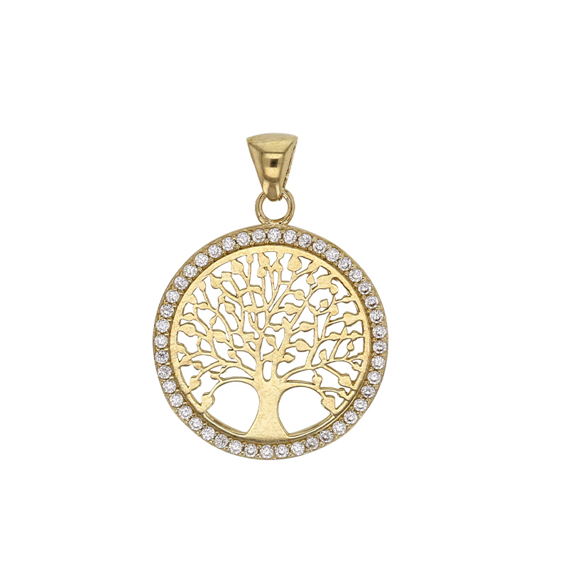 Pendentif rond arbre de vie orné et entouré d’oxydes, Or 375/1000