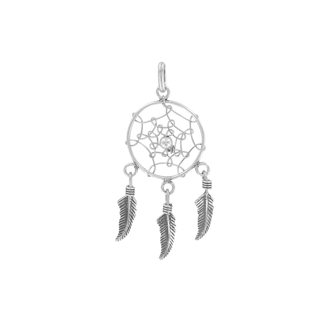 Pendentif rond avec plume en argent rhodié 925/1000
