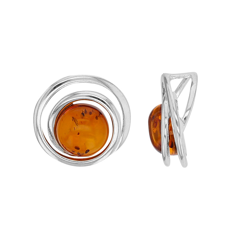 Pendentif rond cerclé ajouré, ambre cognac en argent 925/1000 rhodié