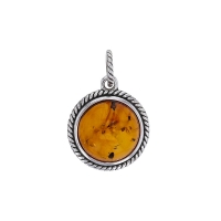 Pendentif rond en argent 925/1000 vieilli et ambre cognac