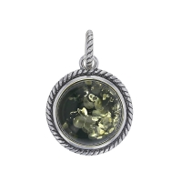 Pendentif rond en argent 925/1000 vieilli et ambre cognac