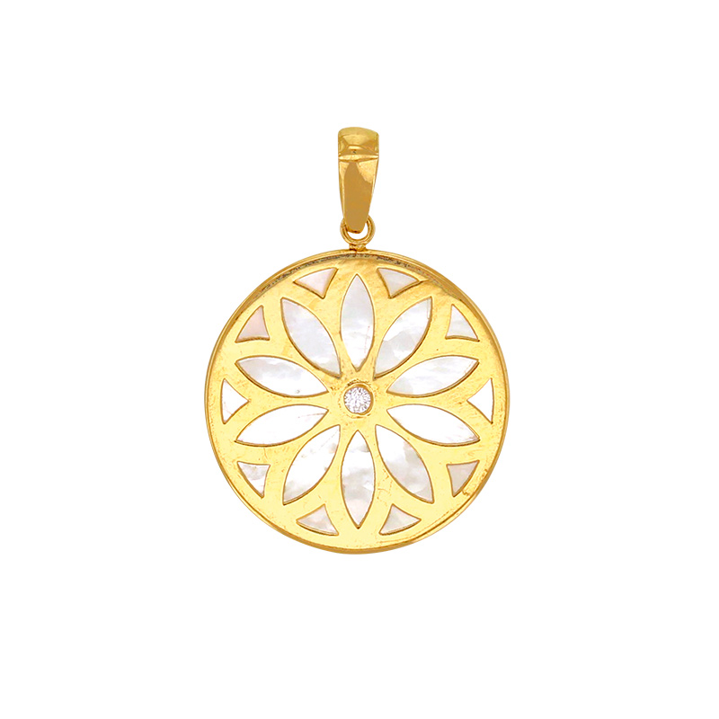 Pendentif rond motif fleur en nacre et oxyde, Or 750/1000