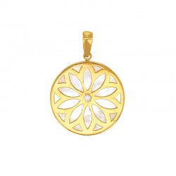 Pendentif rond motif fleur en nacre et oxyde, Or 750/1000