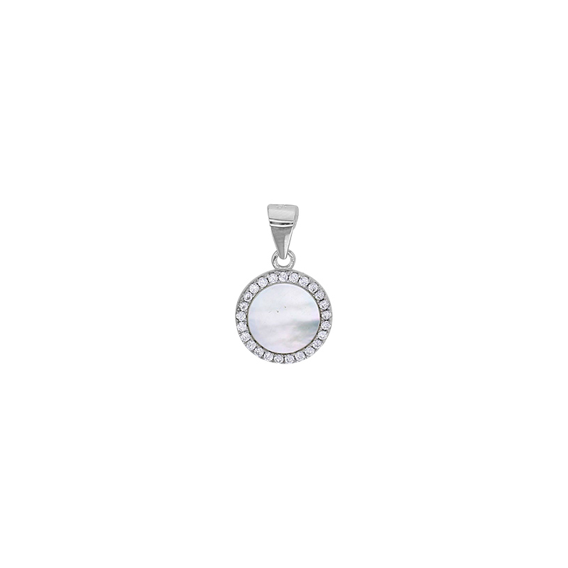 Pendentif rond nacre, entouré d'oxydes, argent 925/1000 rhodié