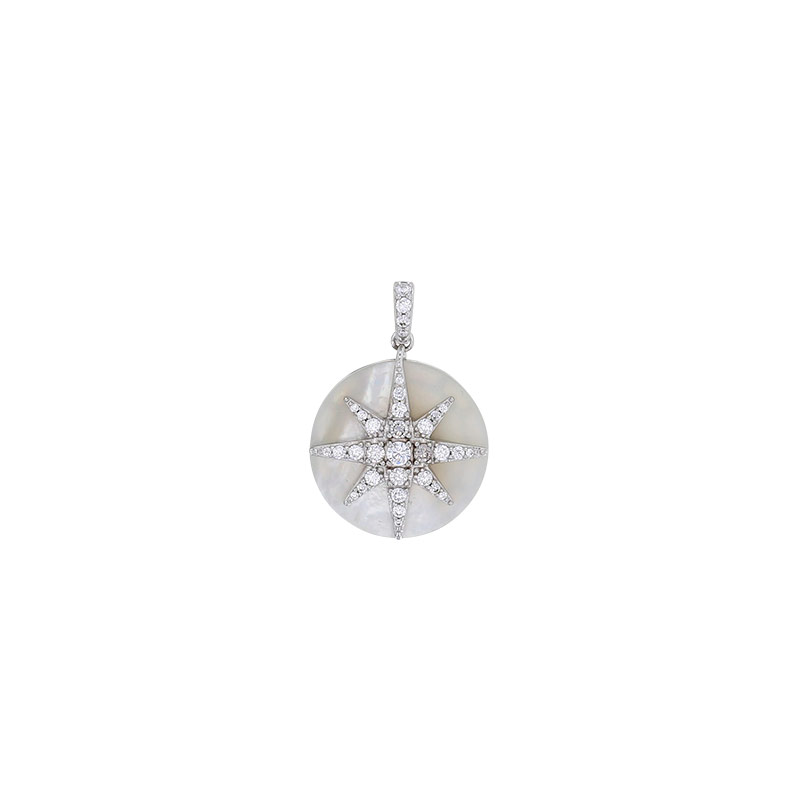 Pendentif rond nacre réversible étoiles, oxydes, argent 925/1000 rhodié